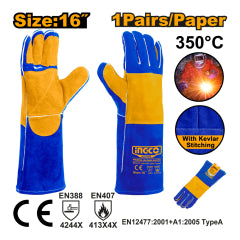 Guantes Cuero Ingco Largo Soldador Temperatura Max.350° 16" # Hgvw04