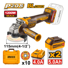 Esmeril Angular Ingco Inalambrico 20V C/ 2 Bat. Y C/1 Cargador 115Mm # Cagli2211532