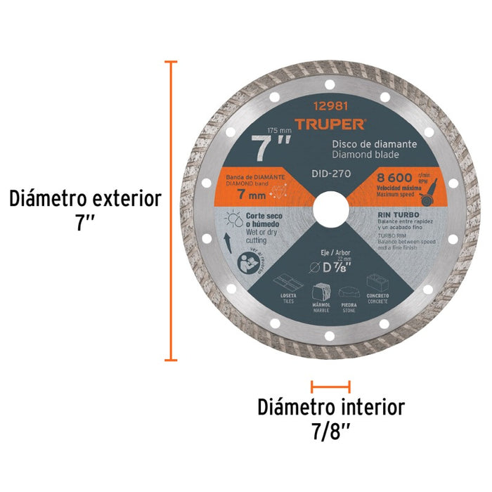 DISCO CORTAR TRUPER DIAMANTADO TURBO # DID-270 (DDT-1527T)  7"  (12981)