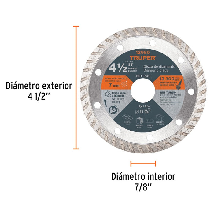 DISCO CORTAR TRUPER DIAMANTADO TURBO # DID-245 (DDT-1513T)  4.1/2"  (12980)