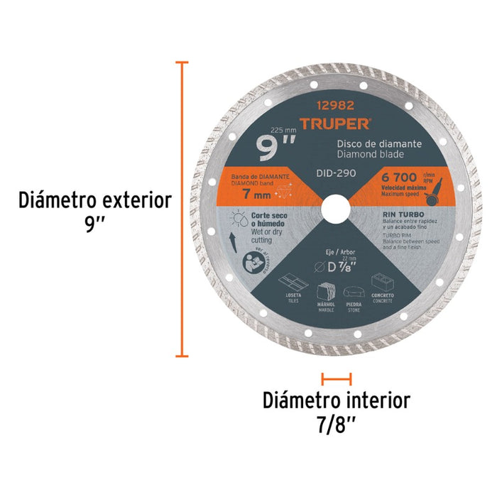 DISCO CORTAR TRUPER DIAMANTADO TURBO # DID-290 (DDT-1542T)  9"  (12982)