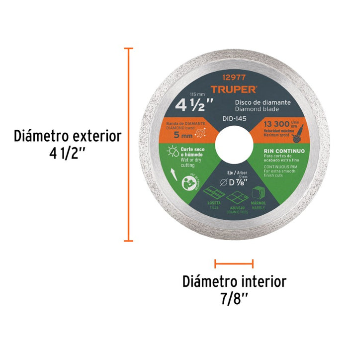 DISCO CORTAR TRUPER DIAMANTADO CONTINUO # DID-145 ( DDT-1549C)  4.1/2"  (12977)